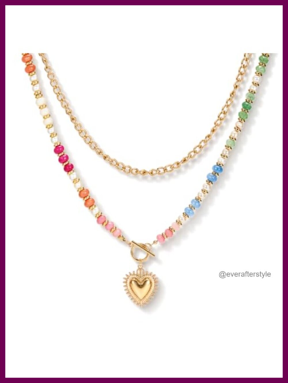 Boho Layered Necklace Gold Chunky Chain Natural Stones Freshwater Pearls Heart